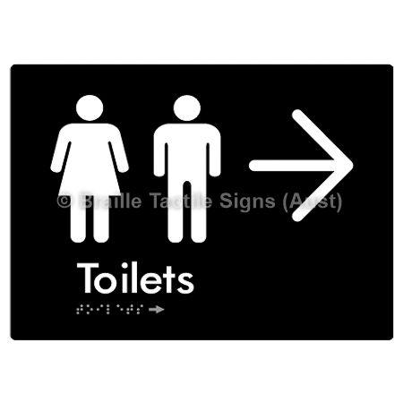 Braille Sign Toilets w/ Large Arrow: - Braille Tactile Signs (Aust) - BTS68->R-blk - Fully Custom Signs - Fast Shipping - High Quality - Australian Made & Owned