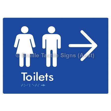 Braille Sign Toilets w/ Large Arrow: - Braille Tactile Signs (Aust) - BTS68->R-blu - Fully Custom Signs - Fast Shipping - High Quality - Australian Made & Owned