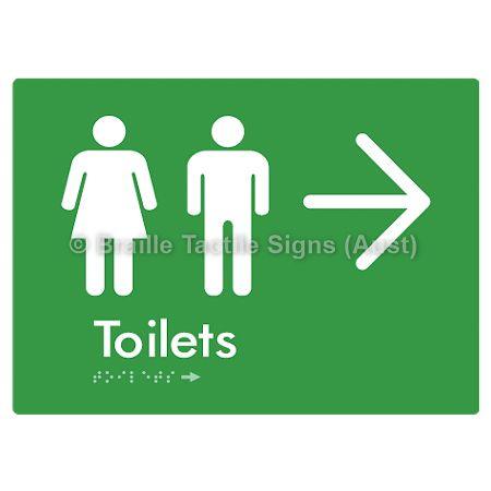 Braille Sign Toilets w/ Large Arrow: - Braille Tactile Signs (Aust) - BTS68->R-grn - Fully Custom Signs - Fast Shipping - High Quality - Australian Made & Owned
