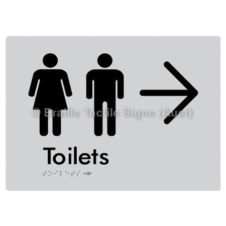 Braille Sign Toilets w/ Large Arrow: - Braille Tactile Signs (Aust) - BTS68->R-slv - Fully Custom Signs - Fast Shipping - High Quality - Australian Made & Owned