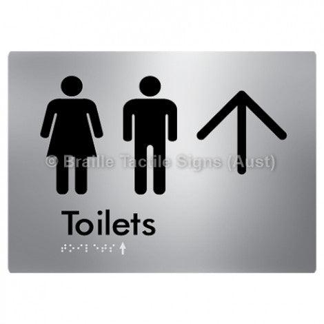 Braille Sign Toilets w/ Large Arrow: - Braille Tactile Signs (Aust) - BTS68->L-blu - Fully Custom Signs - Fast Shipping - High Quality - Australian Made & Owned