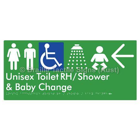 Braille Sign Unisex Accessible Toilet RH / Shower / Baby Change w/ Large Arrow: - Braille Tactile Signs (Aust) - BTS83RHn->L-grn - Fully Custom Signs - Fast Shipping - High Quality - Australian Made & Owned