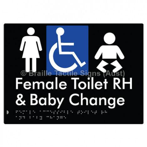 Braille Sign Female Accessible Toilet RH & Baby Change - Braille Tactile Signs Aust. - BTS372RH-blk - Custom Signs - Fast Shipping - High Quality - Australian Made & Owned
