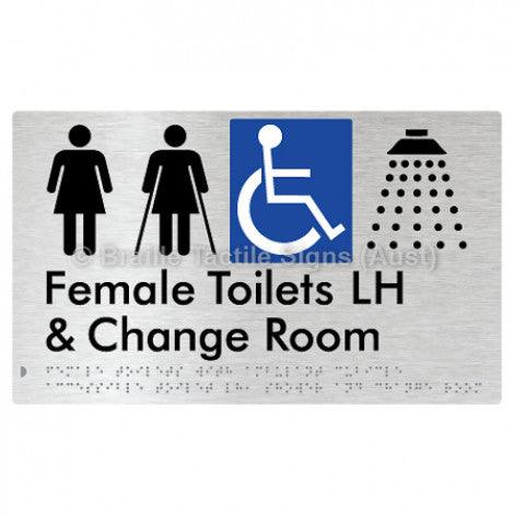 Braille Sign Female Toilets with Ambulant Cubicle Accessible Toilet LH, Shower and Change Room - Braille Tactile Signs Aust. - BTS366LH-aliB - Custom Signs - Fast Shipping - High Quality - Australian Made & Owned
