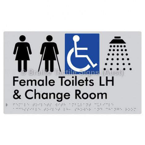 Braille Sign Female Toilets with Ambulant Cubicle Accessible Toilet LH, Shower and Change Room - Braille Tactile Signs Aust. - BTS366LH-slv - Custom Signs - Fast Shipping - High Quality - Australian Made & Owned