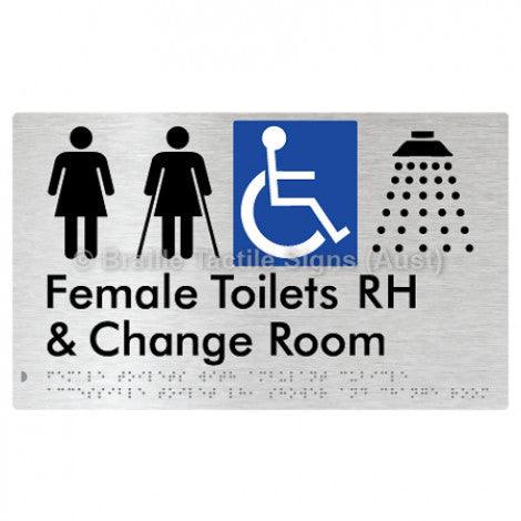 Braille Sign Female Toilets with Ambulant Cubicle Accessible Toilet RH, Shower and Change Room - Braille Tactile Signs Aust. - BTS366RH-aliB - Custom Signs - Fast Shipping - High Quality - Australian Made & Owned