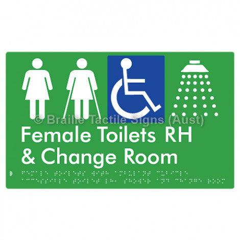 Braille Sign Female Toilets with Ambulant Cubicle Accessible Toilet RH, Shower and Change Room - Braille Tactile Signs Aust. - BTS366RH-grn - Custom Signs - Fast Shipping - High Quality - Australian Made & Owned