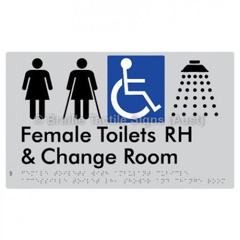 Braille Sign Female Toilets with Ambulant Cubicle Accessible Toilet RH, Shower and Change Room - Braille Tactile Signs Aust. - BTS366RH-slv - Custom Signs - Fast Shipping - High Quality - Australian Made & Owned