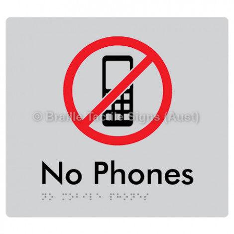 Braille Sign No Mobile Phones - Braille Tactile Signs Aust. - BTS277-slv - Custom Signs - Fast Shipping - High Quality - Australian Made & Owned