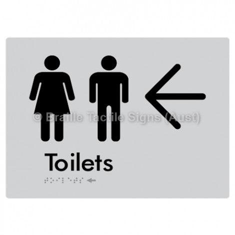 Braille Sign Toilets w/ Large Arrow: - Braille Tactile Signs Aust. - BTS68->L-slv - Custom Signs - Fast Shipping - High Quality - Australian Made & Owned