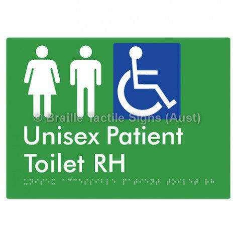 Braille Sign Unisex Accessible Patient Toilet RH - Braille Tactile Signs Aust. - BTS351-RH-grn - Custom Signs - Fast Shipping - High Quality - Australian Made & Owned