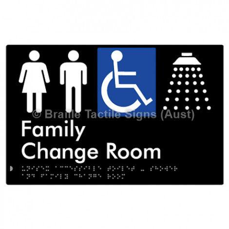 Braille Sign Unisex Accessible Toilet & Shower & Family Change Room - Braille Tactile Signs Aust. - BTS292-blk - Custom Signs - Fast Shipping - High Quality - Australian Made & Owned