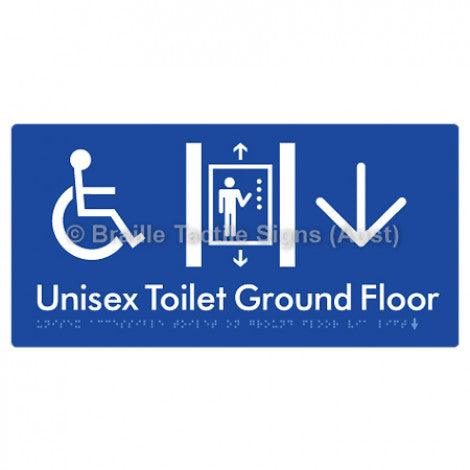 Braille Sign Unisex Accessible Toilet on Ground Floor Via Lift w/Large Arrow - Braille Tactile Signs Aust. - BTS276-GF->L-blu - Custom Signs - Fast Shipping - High Quality - Australian Made & Owned