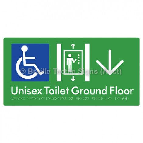 Braille Sign Unisex Accessible Toilet on Ground Floor Via Lift w/Large Arrow - Braille Tactile Signs Aust. - BTS276-GF->D-grn - Custom Signs - Fast Shipping - High Quality - Australian Made & Owned