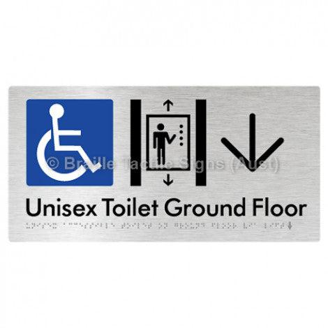 Braille Sign Unisex Accessible Toilet on Ground Floor Via Lift w/Large Arrow - Braille Tactile Signs Aust. - BTS276-GF->D-aliB - Custom Signs - Fast Shipping - High Quality - Australian Made & Owned