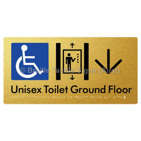 Braille Sign Unisex Accessible Toilet on Ground Floor Via Lift w/Large Arrow - Braille Tactile Signs Aust. - BTS276-GF->D-aliG - Custom Signs - Fast Shipping - High Quality - Australian Made & Owned