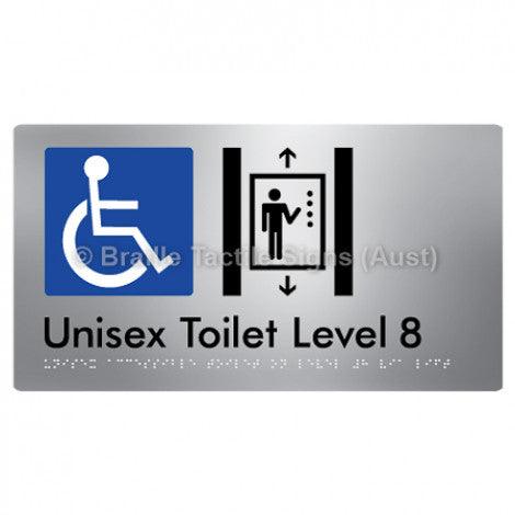 Braille Sign Unisex Accessible Toilet on Level 8 Via Lift - Braille Tactile Signs Aust. - BTS276-08-aliS - Custom Signs - Fast Shipping - High Quality - Australian Made & Owned
