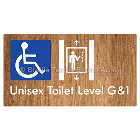 Braille Sign Unisex Accessible Toilet on Level G&1 Via Lift - Braille Tactile Signs Aust. - BTS276-G1-wdg - Custom Signs - Fast Shipping - High Quality - Australian Made & Owned