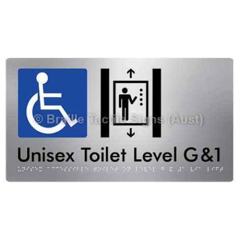 Braille Sign Unisex Accessible Toilet on Level G&1 Via Lift - Braille Tactile Signs Aust. - BTS276-G1-aliS - Custom Signs - Fast Shipping - High Quality - Australian Made & Owned