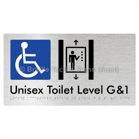 Braille Sign Unisex Accessible Toilet on Level G&1 Via Lift - Braille Tactile Signs Aust. - BTS276-G1-aliB - Custom Signs - Fast Shipping - High Quality - Australian Made & Owned