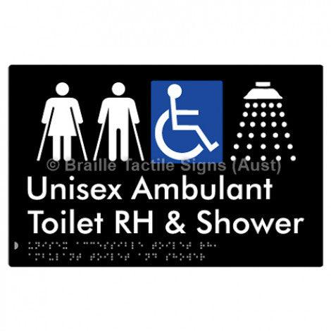 Braille Sign Unisex Accessible Toilet RH, Ambulant Toilet and Shower - Braille Tactile Signs Aust. - BTS343RH-blk - Custom Signs - Fast Shipping - High Quality - Australian Made & Owned