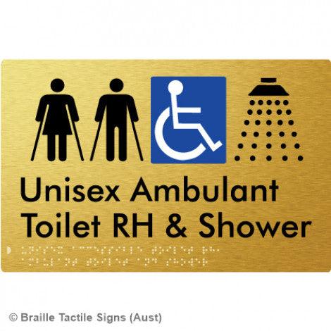 Braille Sign Unisex Accessible Toilet RH, Ambulant Toilet and Shower - Braille Tactile Signs Aust. - BTS343RH-aliG - Custom Signs - Fast Shipping - High Quality - Australian Made & Owned