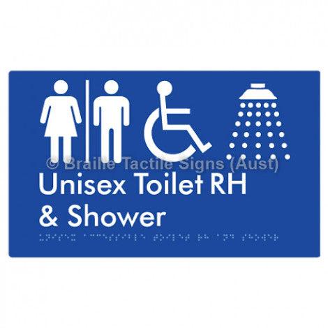 Braille Sign Unisex Accessible Toilet RH & Shower w/ Air Lock - Braille Tactile Signs Aust. - BTS35RHn-AL-blu - Custom Signs - Fast Shipping - High Quality - Australian Made & Owned