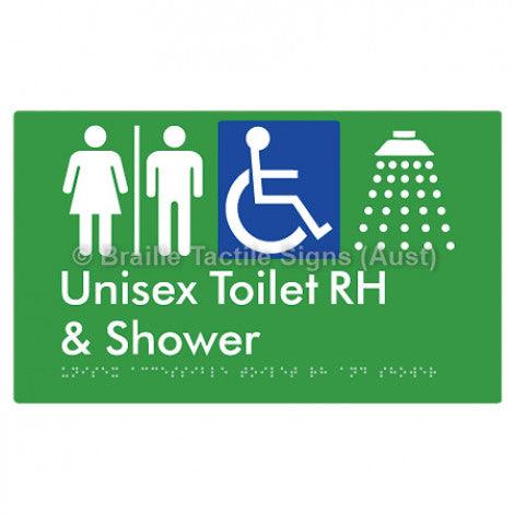 Braille Sign Unisex Accessible Toilet RH & Shower w/ Air Lock - Braille Tactile Signs Aust. - BTS35RHn-AL-grn - Custom Signs - Fast Shipping - High Quality - Australian Made & Owned