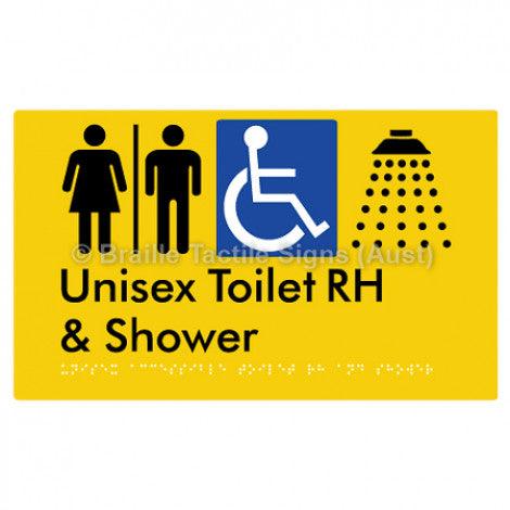 Braille Sign Unisex Accessible Toilet RH & Shower w/ Air Lock - Braille Tactile Signs Aust. - BTS35RHn-AL-yel - Custom Signs - Fast Shipping - High Quality - Australian Made & Owned