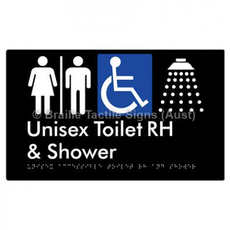Braille Sign Unisex Accessible Toilet RH & Shower w/ Air Lock - Braille Tactile Signs Aust. - BTS35RHn-AL-blk - Custom Signs - Fast Shipping - High Quality - Australian Made & Owned