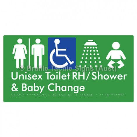 Braille Sign Unisex Accessible Toilet RH / Shower / Baby Change w/ Air Lock - Braille Tactile Signs Aust. - BTS83RHn-AL-grn - Custom Signs - Fast Shipping - High Quality - Australian Made & Owned