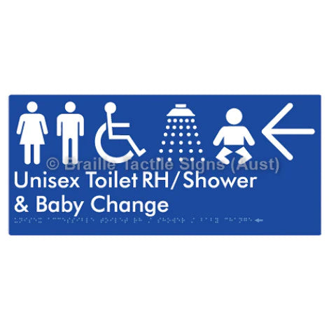 Braille Sign Unisex Accessible Toilet RH / Shower / Baby Change w/ Large Arrow: - Braille Tactile Signs Aust. - BTS83RHn->L-blu - Custom Signs - Fast Shipping - High Quality - Australian Made & Owned