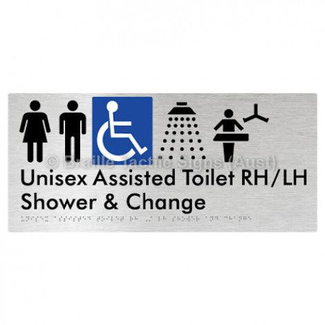 Braille Sign Unisex Assisted Toilet RH/LH Shower and Change - Braille Tactile Signs Aust. - BTS307RH-LH-aliB - Custom Signs - Fast Shipping - High Quality - Australian Made & Owned