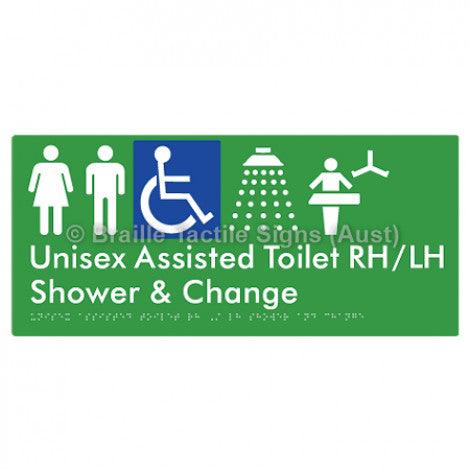 Braille Sign Unisex Assisted Toilet RH/LH Shower and Change - Braille Tactile Signs Aust. - BTS307RH-LH-grn - Custom Signs - Fast Shipping - High Quality - Australian Made & Owned