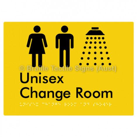 Braille Sign Unisex Change Room and Shower - Braille Tactile Signs Aust. - BTS376-yel - Custom Signs - Fast Shipping - High Quality - Australian Made & Owned