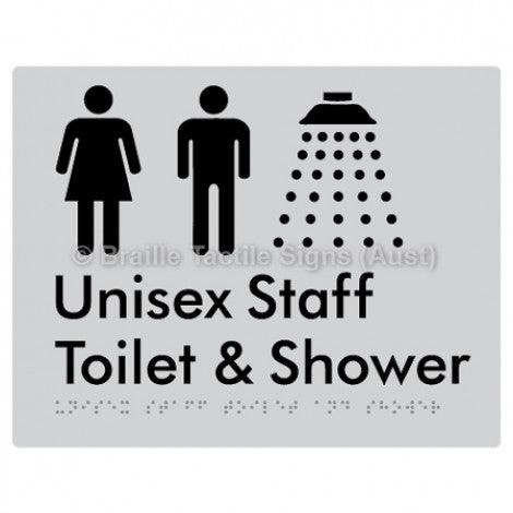 Braille Sign Unisex Staff Toilet & Shower - Braille Tactile Signs Aust. - BTS281-slv - Custom Signs - Fast Shipping - High Quality - Australian Made & Owned