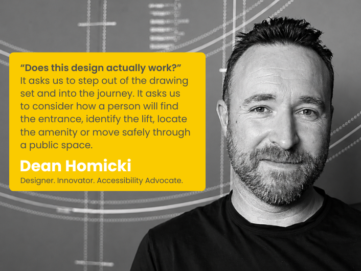 Black-and-white portrait of Dean Homicki beside a yellow quote panel about accessible design and wayfinding.