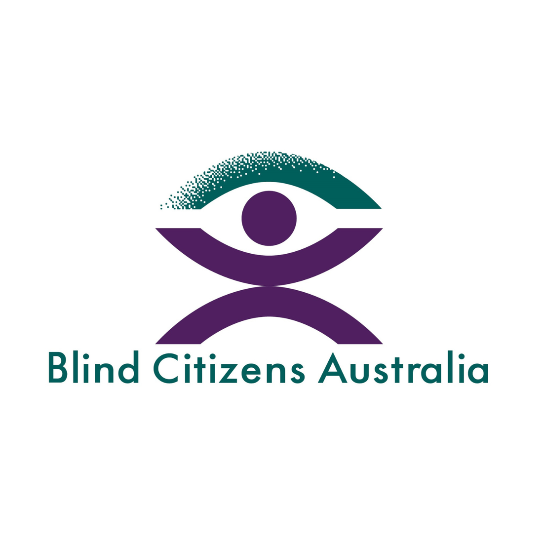 Blind Citizens Australia logo on a white background, featuring a stylized eye and raised arms symbol in purple and teal, with the organization name below in teal.