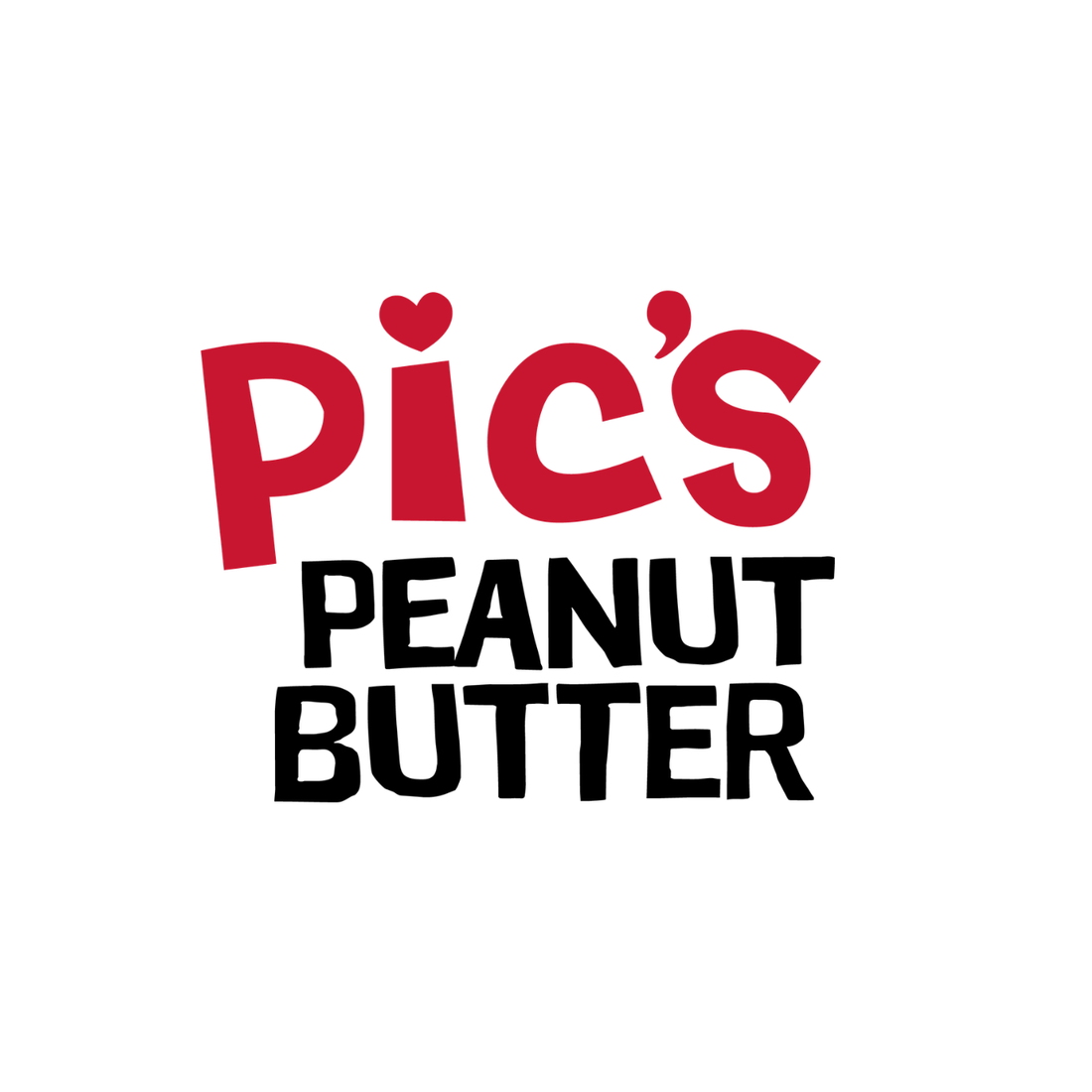 The logo for 'Pic's Peanut Butter' featuring the brand name 'Pic's' in a bold red font with a small heart above the 'i' and a small dot above the 's', and 'PEANUT BUTTER' in black block letters below, all centered on a plain white background.