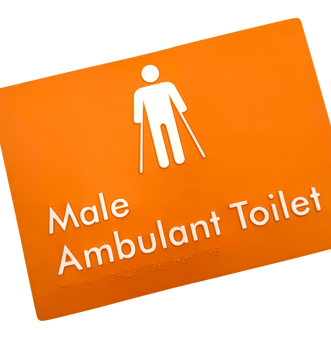 Orange braille tactile sign with white text and icon for male ambulant toilet. 