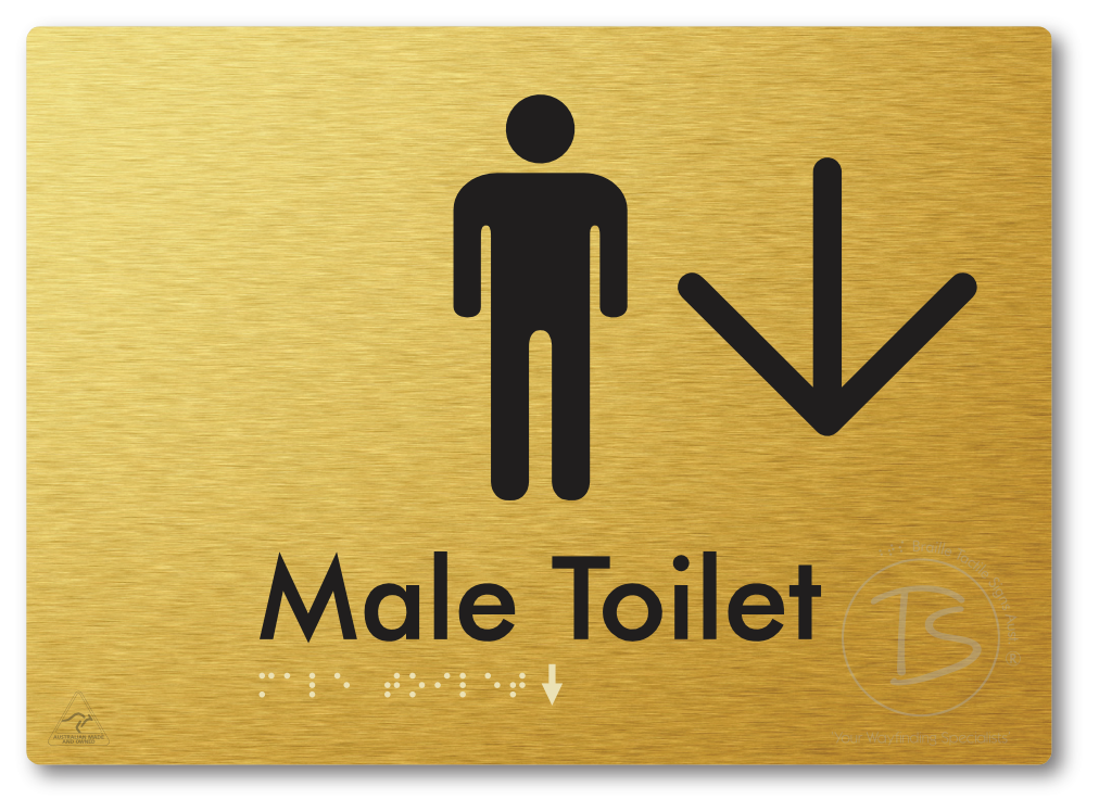 Male Toilet with Large Directional Arrow - Braille Tactile Signs Aust.