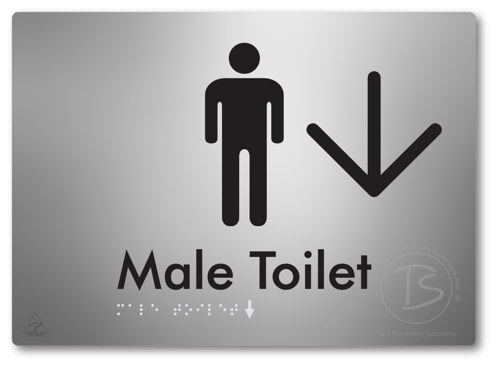 Male Toilet with Large Directional Arrow - Braille Tactile Signs Aust.