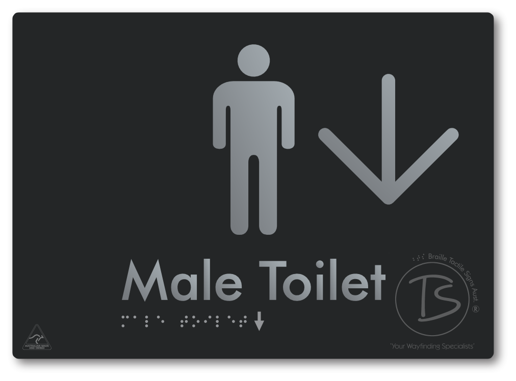 Male Toilet with Large Directional Arrow - Braille Tactile Signs Aust.