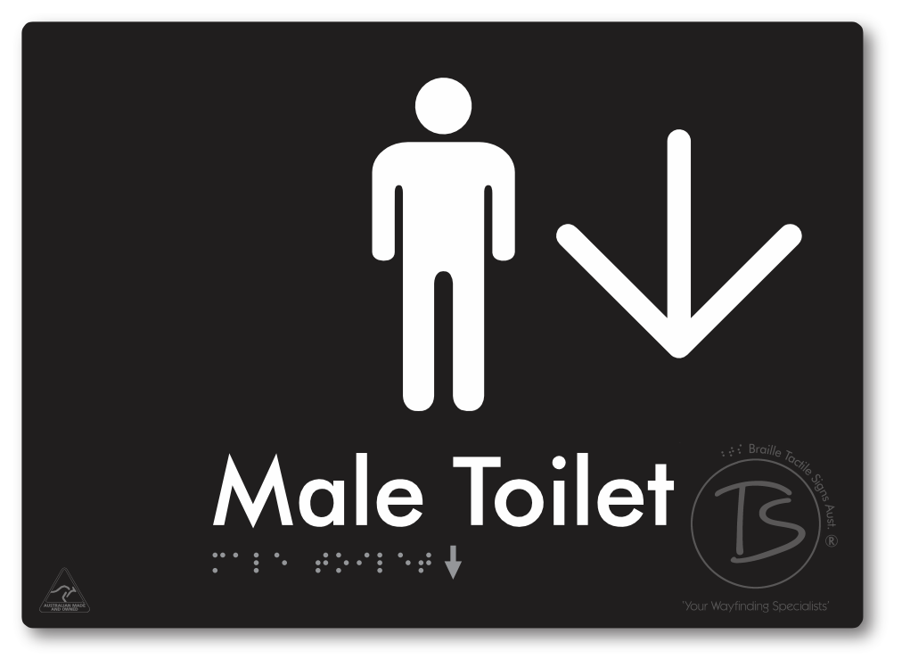 Male Toilet with Large Directional Arrow - Braille Tactile Signs Aust.