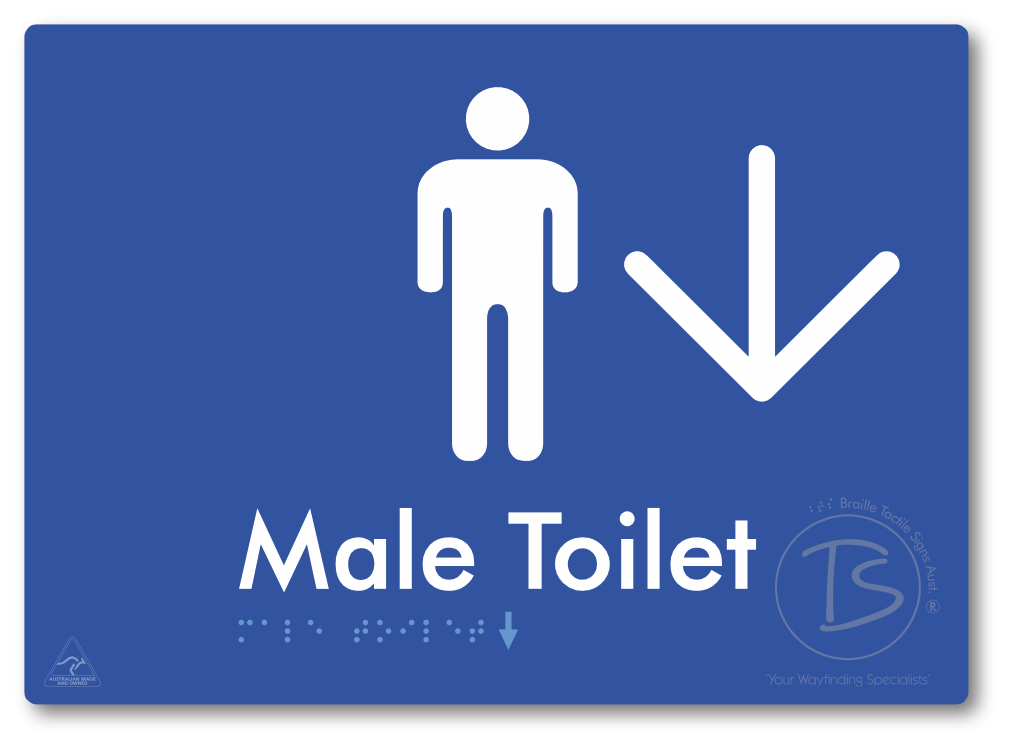 Male Toilet with Large Directional Arrow - Braille Tactile Signs Aust.
