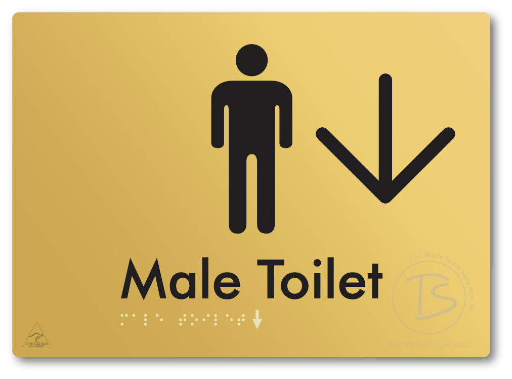 Male Toilet with Large Directional Arrow - Braille Tactile Signs Aust.