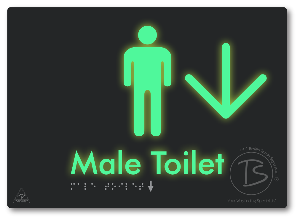 Male Toilet with Large Directional Arrow - Braille Tactile Signs Aust.