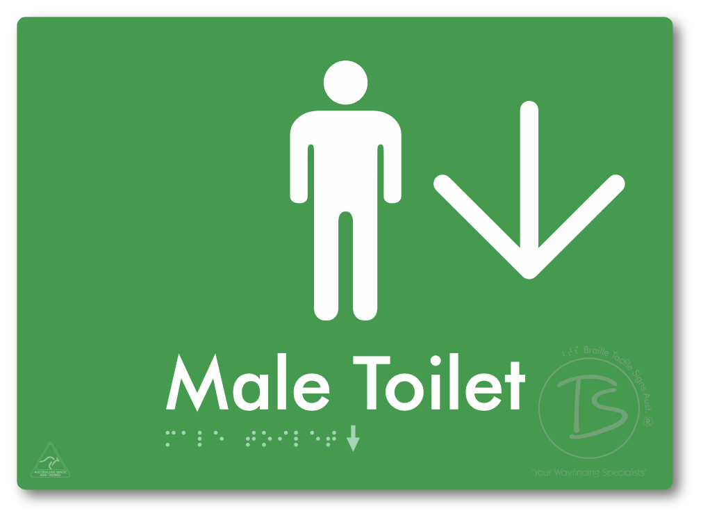 Male Toilet with Large Directional Arrow - Braille Tactile Signs Aust.