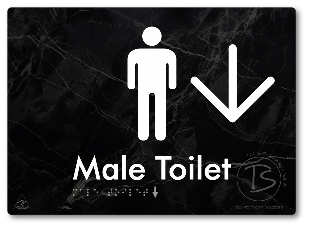 Male Toilet with Large Directional Arrow - Braille Tactile Signs Aust.