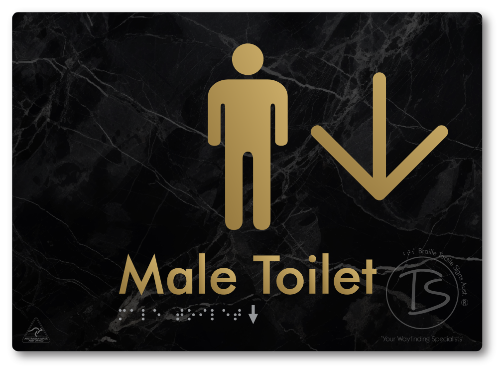 Male Toilet with Large Directional Arrow - Braille Tactile Signs Aust.